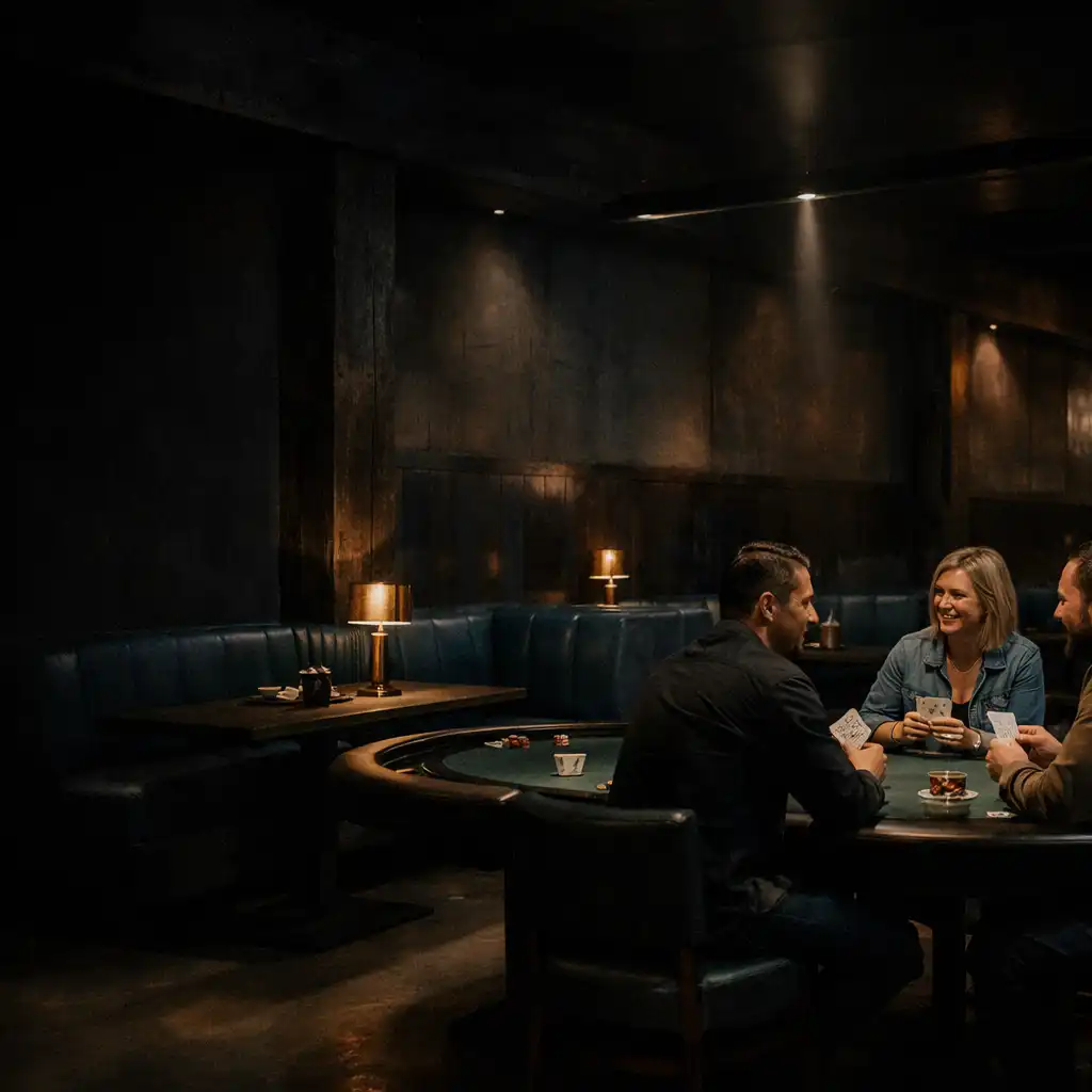 Guests seated in the low-lit Card Lounge beside a real physical poker table.