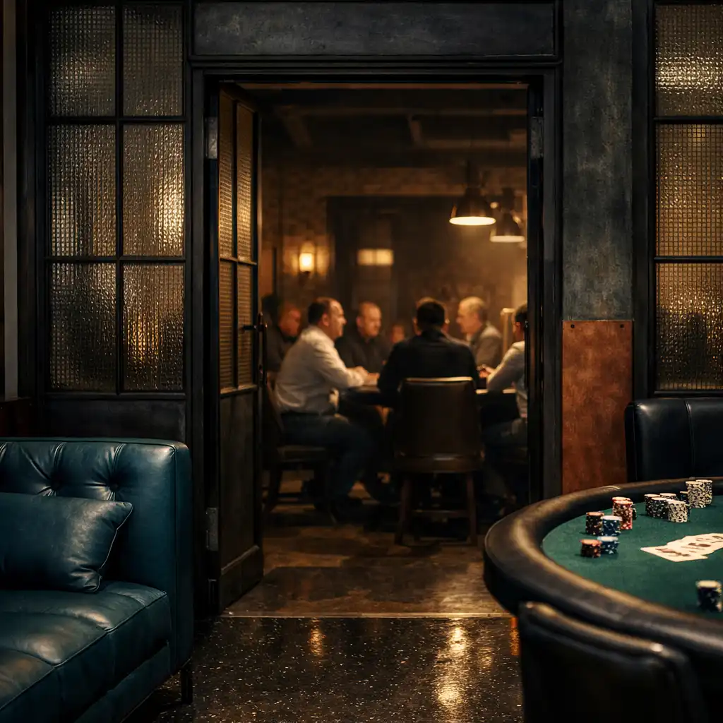 View from the Card Lounge toward the illuminated Card Room entrance.