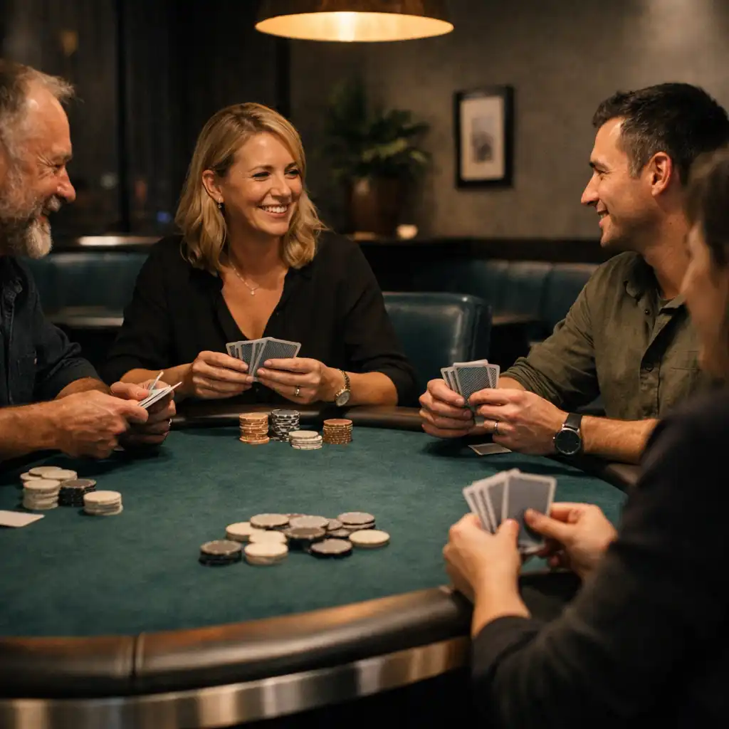 Friends talking face-to-face around a real physical poker table in the Card Room.