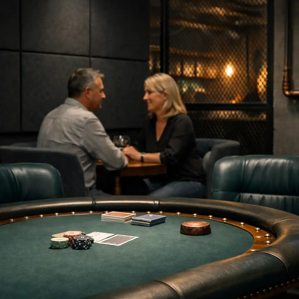 Illuminated physical poker table with comfortable chairs, acoustic panels and mesh partition in the Card Room.