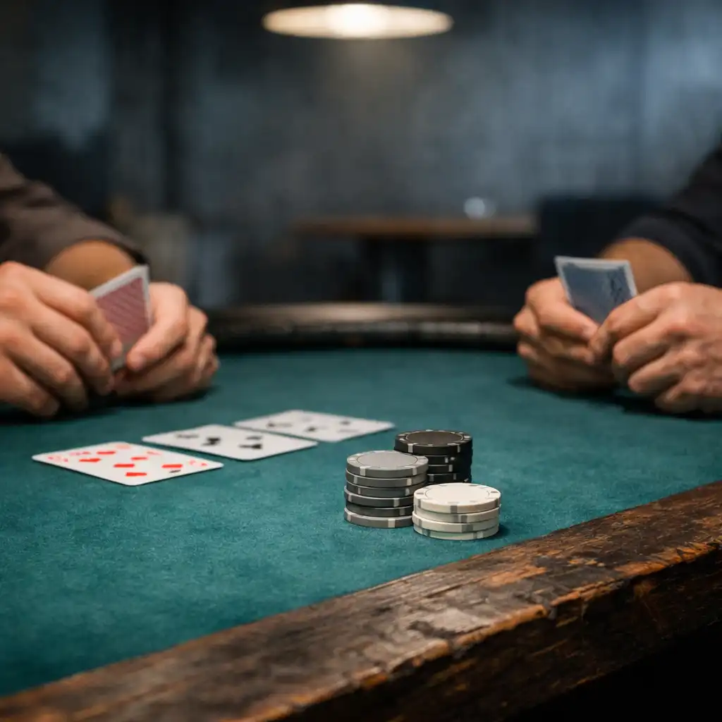Real playing cards and neutral chips on deep teal felt at a physical poker table.