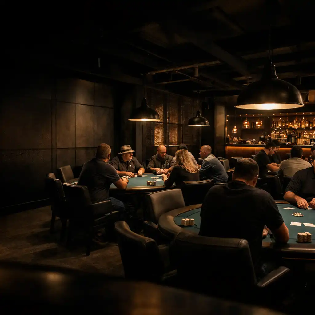 Guests seated face-to-face at several physical poker tables in TheGalleryTable Card Room.