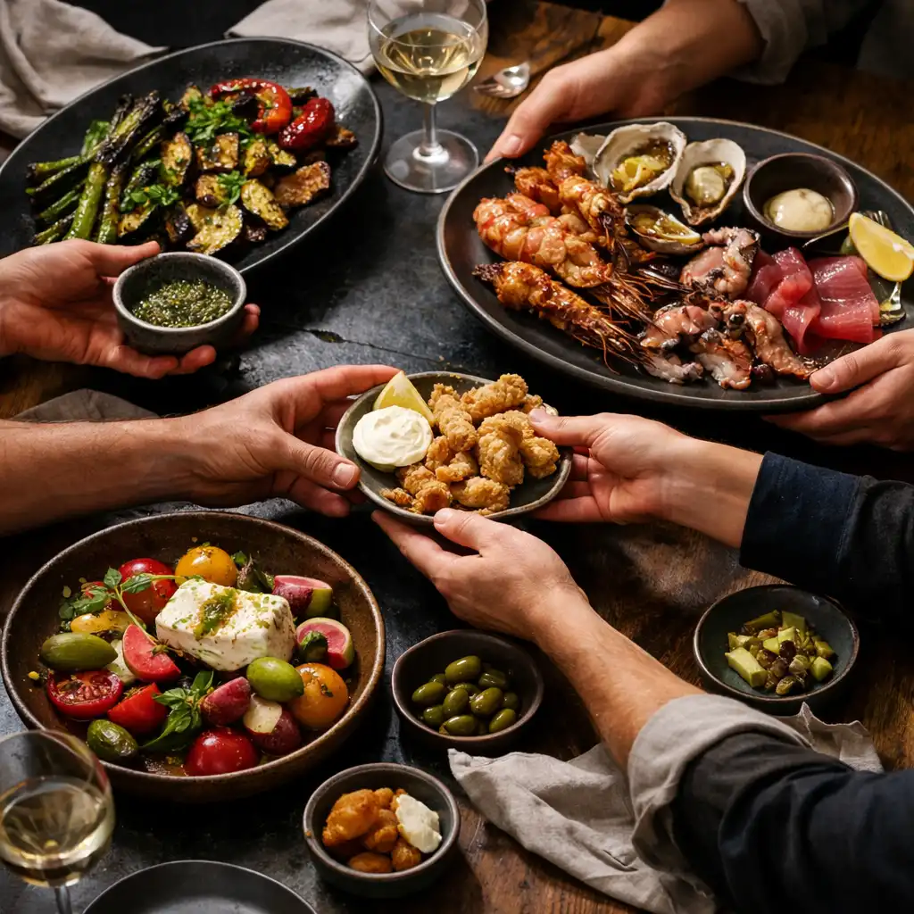 Hands passing contemporary Australian sharing dishes across a dark restaurant table.