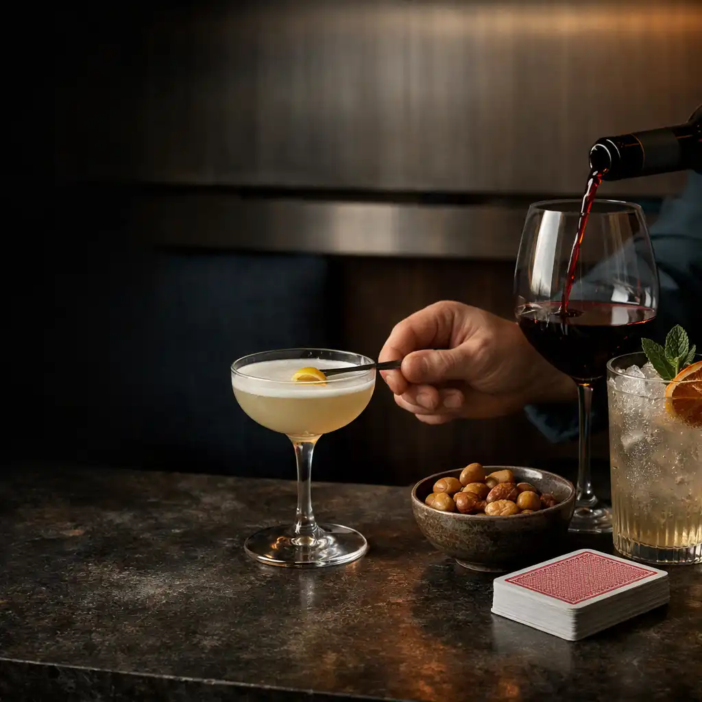 Cocktail, zero-alcohol drink, wine pour and a deck of real playing cards on a low-light bar.