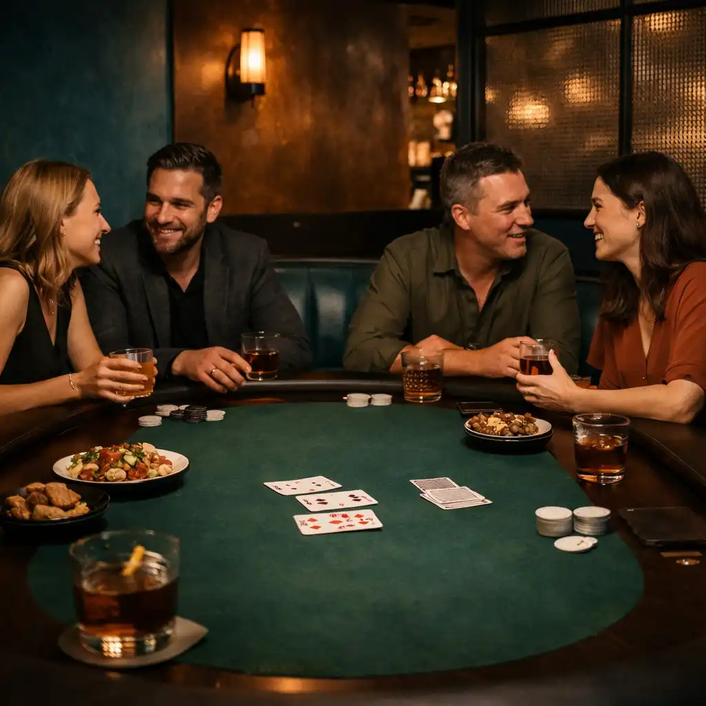 Friends talking around a physical poker table with share plates and cocktails in the Card Room.