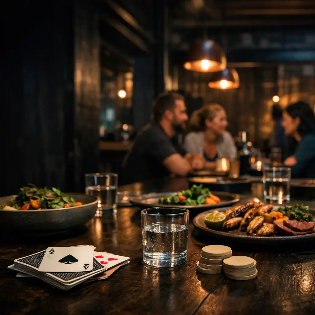 Shared contemporary Australian dishes, water glasses and real playing cards on a dark timber restaurant table.