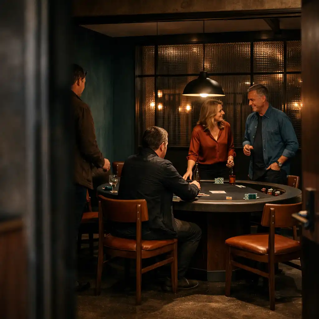 A private Card Room viewed through a doorway with a real poker table ready for a group