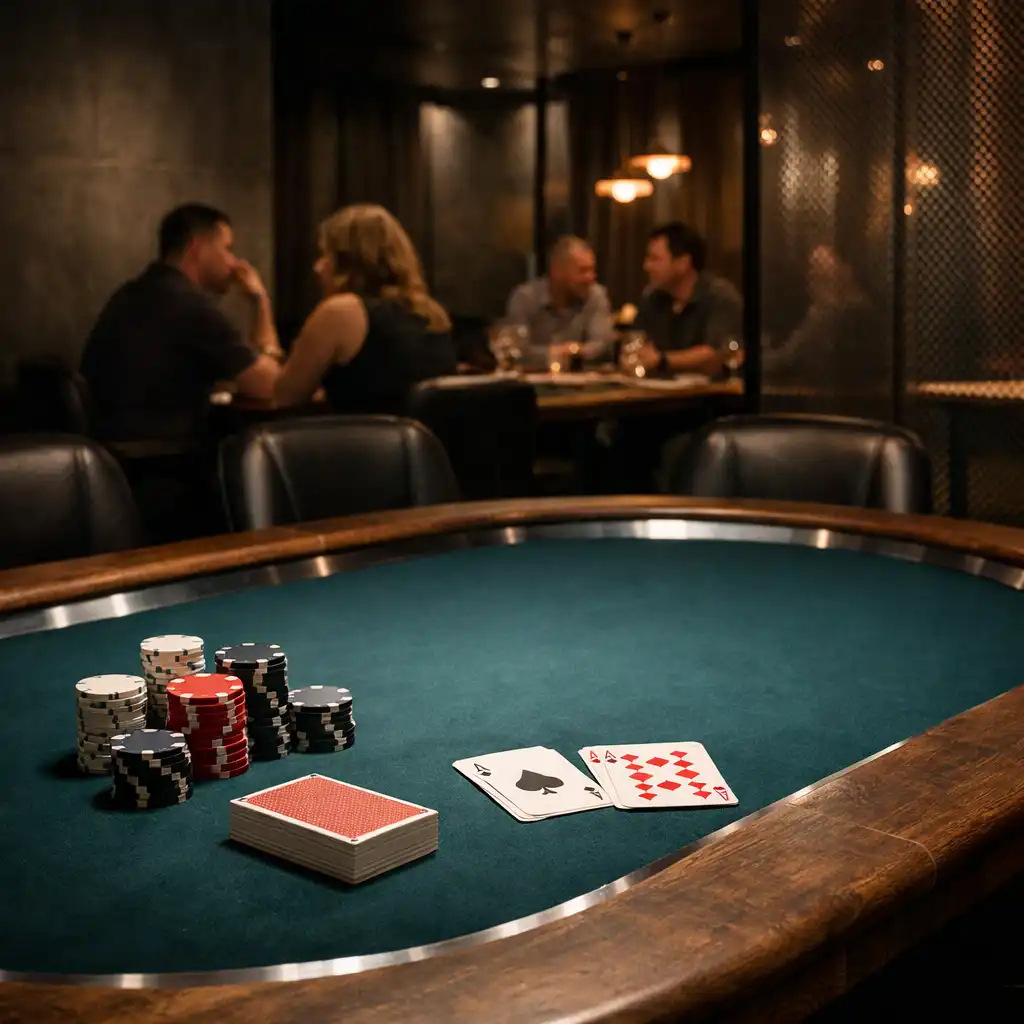 A substantial physical poker table with teal felt, timber edge and chairs in the Card Room