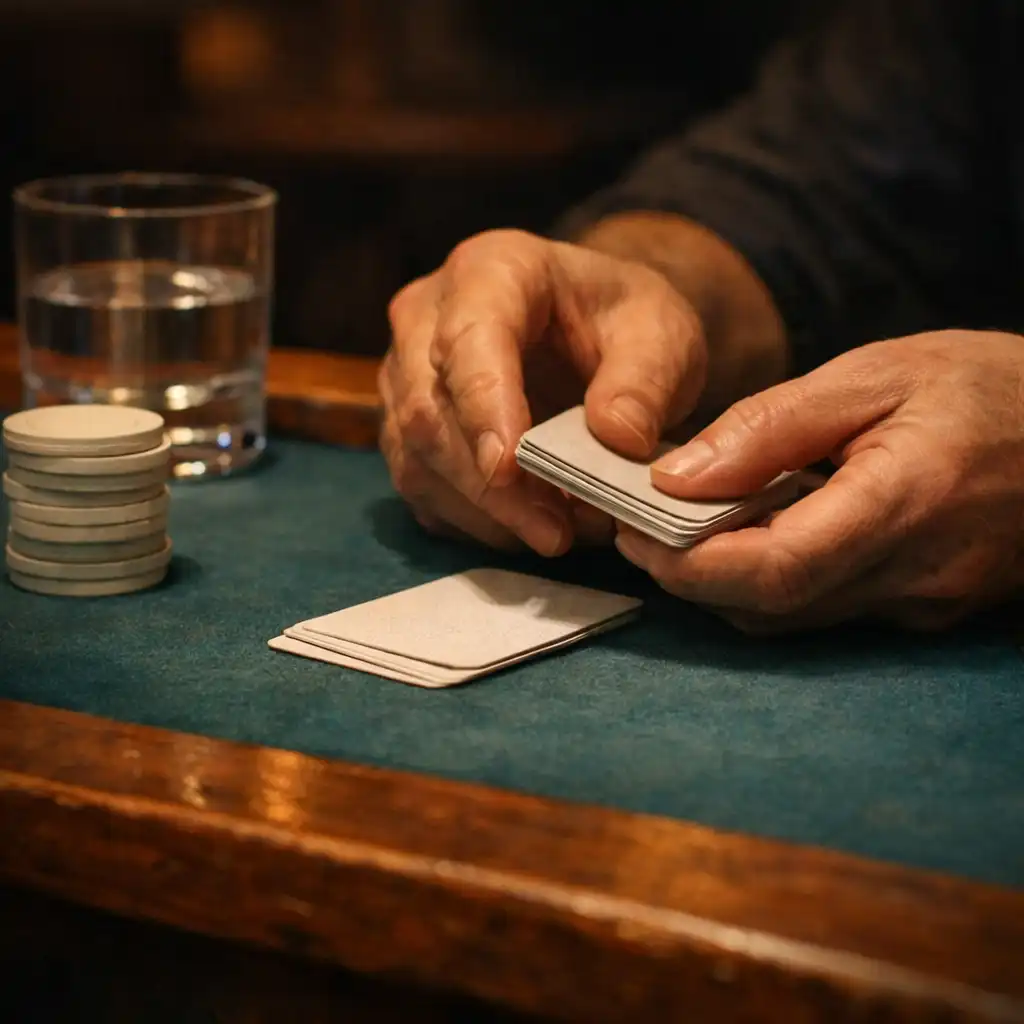 Hands holding real playing cards above deep teal felt beside neutral chips