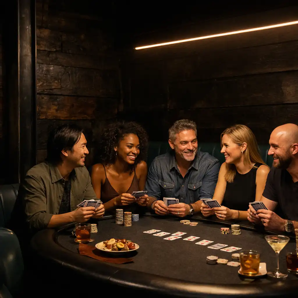 Adult friends gathered face-to-face around a real poker table in a low-lit venue
