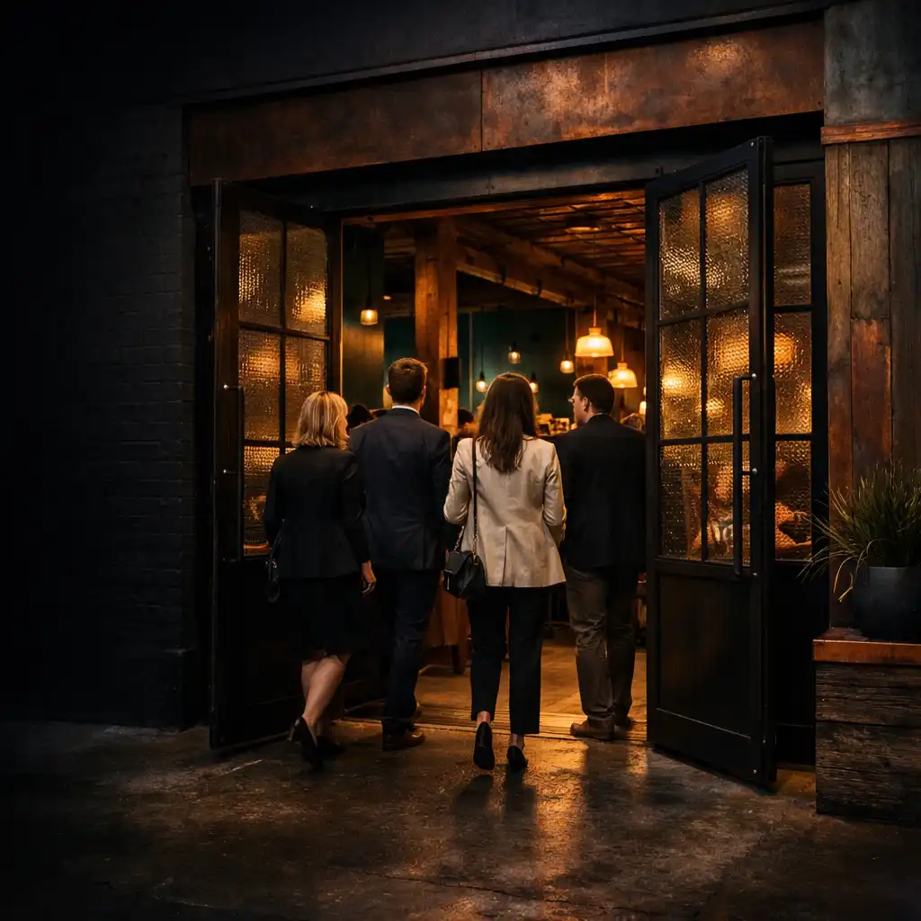 Friends arriving through the warmly lit entrance of a Fitzroy warehouse restaurant.