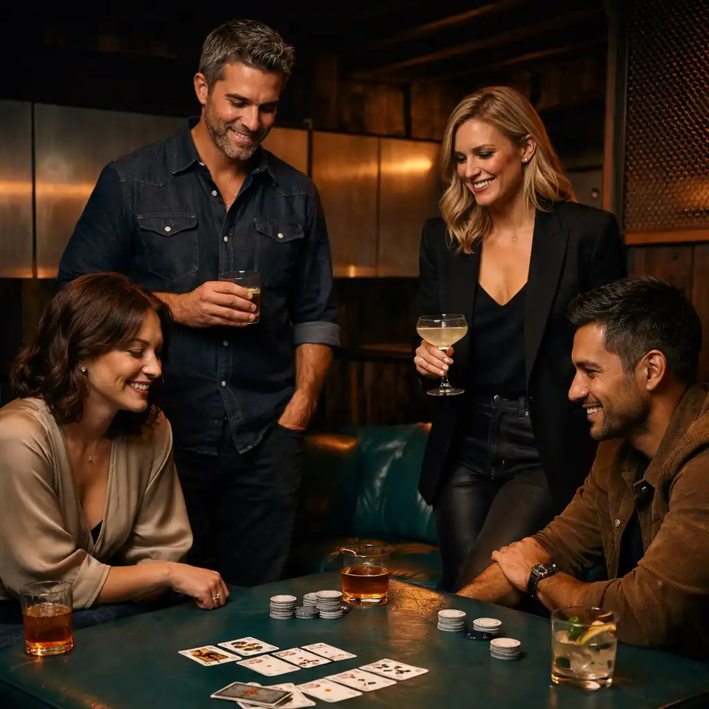 Guests in the Card Lounge with real playing cards and cocktails around a low table.