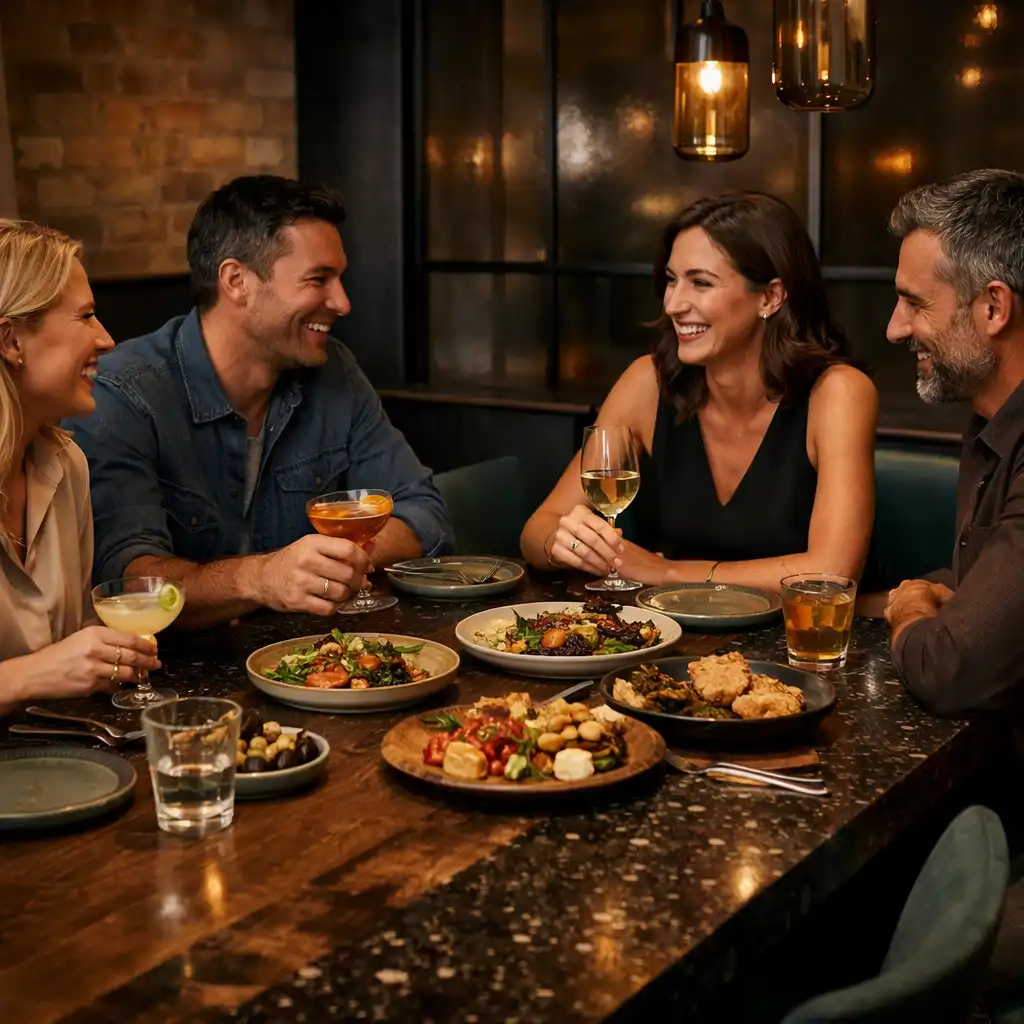Friends sharing dinner and cocktails at a contemporary Australian restaurant table.
