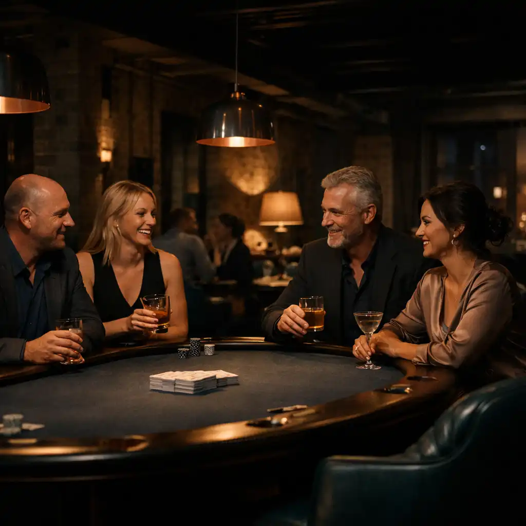 Guests relaxing in a low-lit Card Room around physical poker tables and drinks.