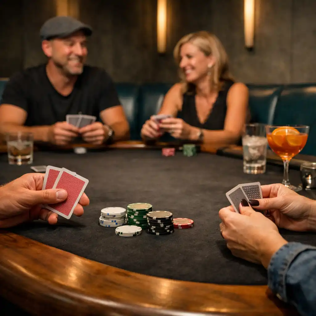 Hands holding real playing cards at a physical poker table with guests seated face to face.