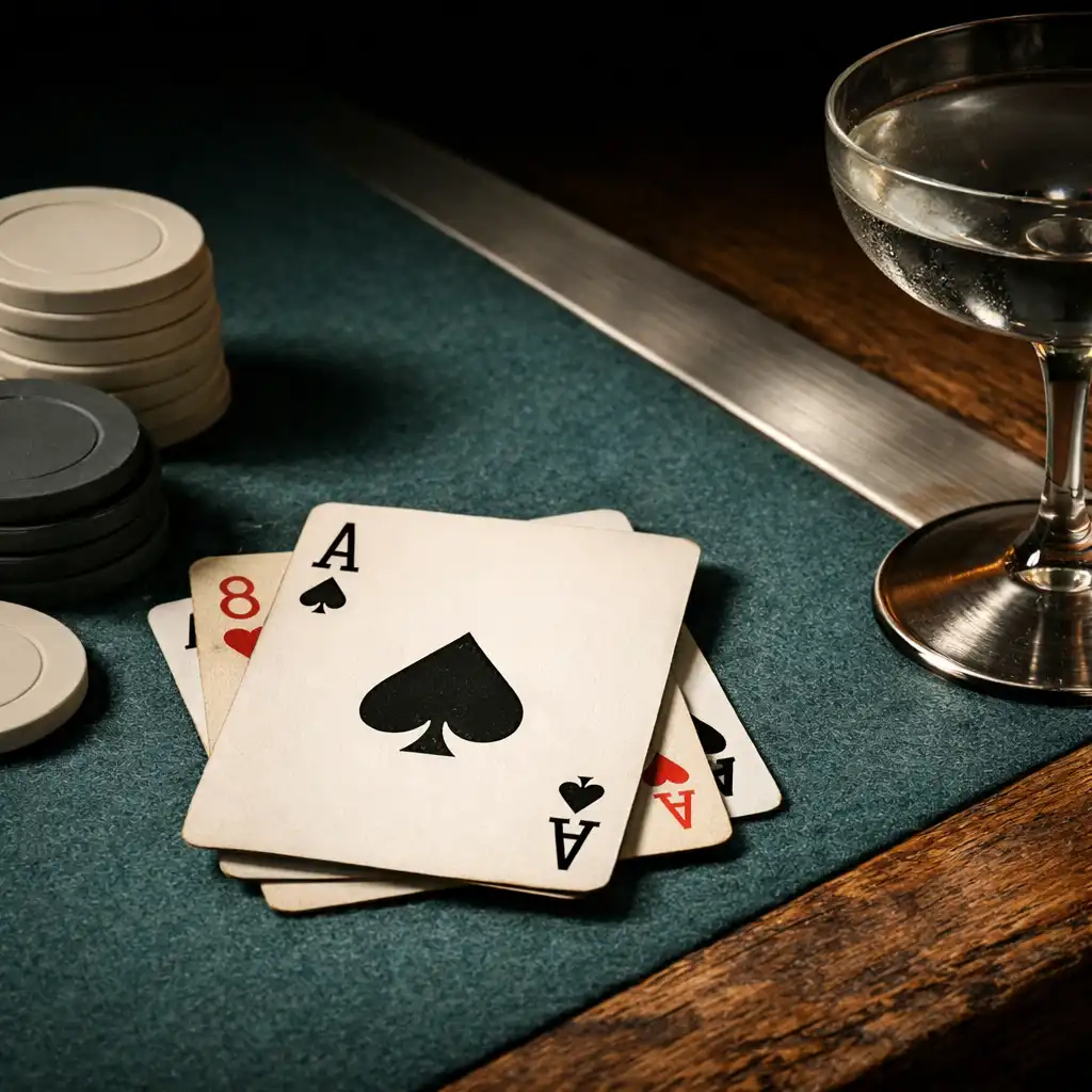 Real playing cards and neutral chips on muted teal felt beside glassware, steel and timber details.