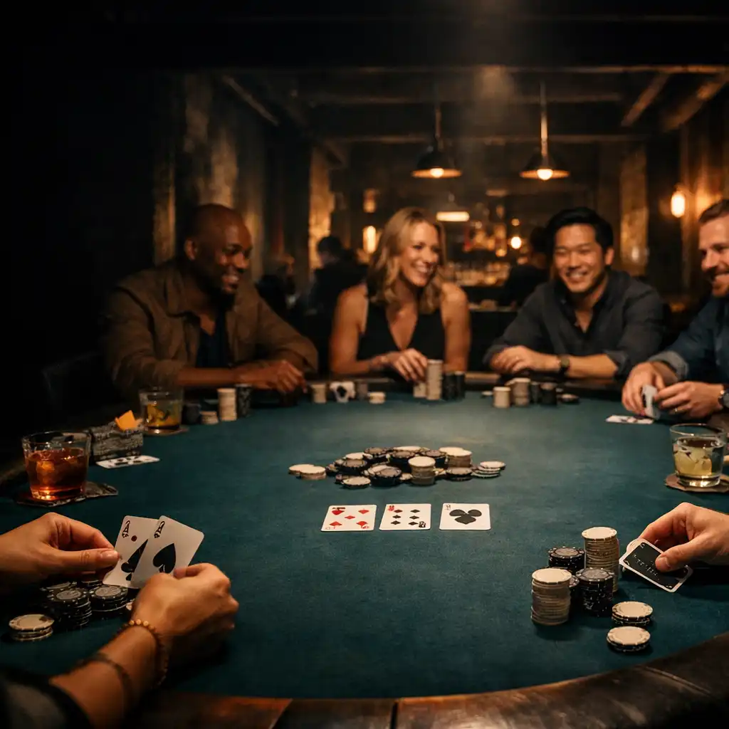 Adult guests gathered around a deep teal physical poker table with real cards, drinks and warm dining light.