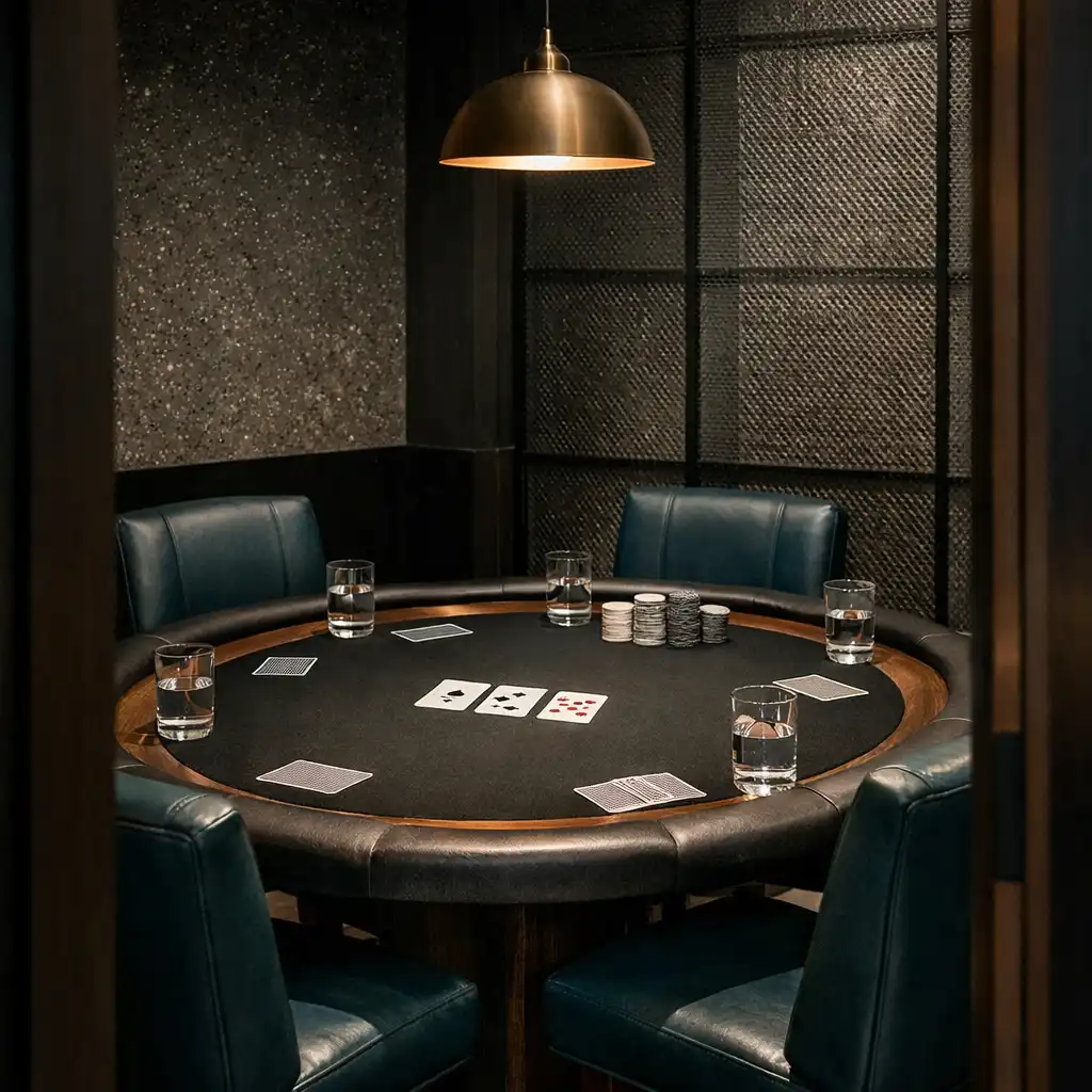 A private physical poker table set with real cards and neutral chips in a deep teal Card Room.
