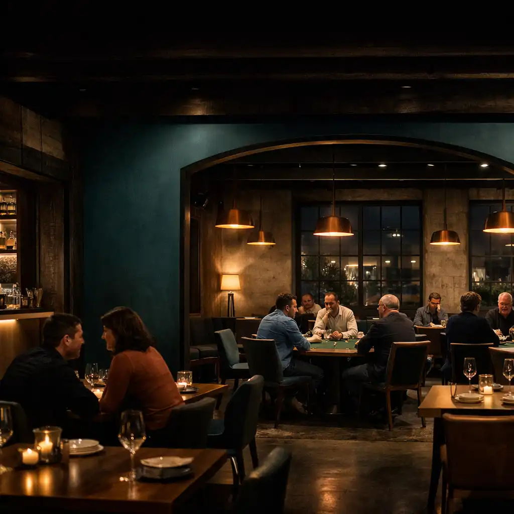 A Fitzroy warehouse restaurant looking through a teal lounge toward the Card Room and physical poker tables.